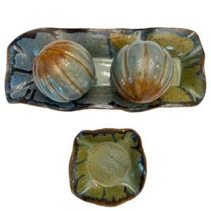 McCullough Vintage Pottery Stoneware Footed Tray, Round Balls, Dish Drip Pattern